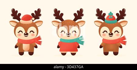 Carino Natale Renna Cartoon Characters Set Collection. Illustrazione Vettoriale