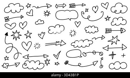 Disegni in bianco e nero con nuvole, cuori, stelle e frecce sparse intorno Illustrazione Vettoriale