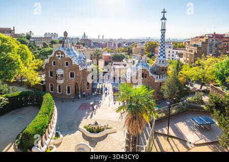 Ingresso al Parco Guell di Barcellona, Catalogna, Spagna Foto Stock