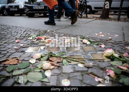 Berlino, Germania. 8 novembre 2025. Fiori freschi riposano accanto a Stolpersteine sulla Giesebrechtstrasse nel quartiere Charlottenburg di Berlino l'8 novembre 2025, in vista dell'anniversario della Kristallnacht. Le targhe di ottone commemorano i residenti ebrei che furono deportati e uccisi durante l'Olocausto. Il semplice gesto del ricordo aggiunge colore e tenerezza al freddo marciapiede, simboleggiando l'impegno duraturo della città per confrontarsi con il suo passato. (Foto di Michael Kuenne/PRESSCOV/Sipa USA) credito: SIPA USA/Alamy Live News Foto Stock