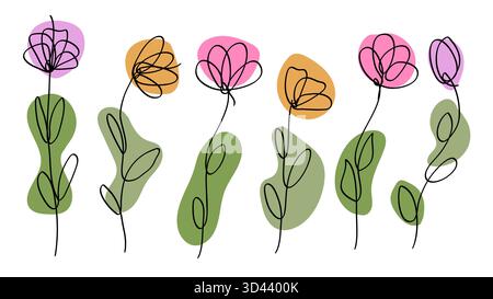 Collezione di illustrazioni di fiori vettoriali a linea singola illustrazione di disegni a linea continua Contemporary.illustrazione vettoriale Illustrazione Vettoriale
