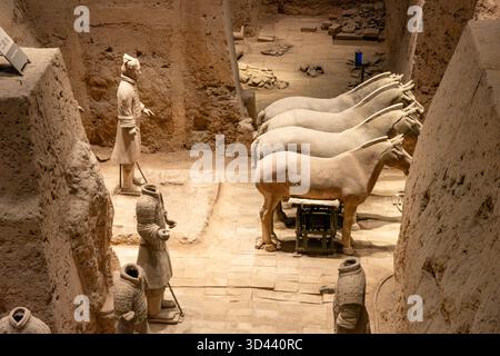 Soldati dell'esercito di terracotta e cavalli nella tomba del mausoleo di Qin Shi Huang, primo imperatore della Cina, Xian, provincia dello Shaanxi. Foto Stock