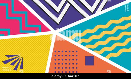 Sfondo alla moda astratto in stile Memphis Design geometrico colorato del collage.illustrazione vettoriale Illustrazione Vettoriale