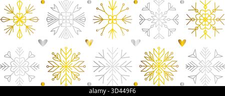 Set di fiocchi di neve oro e argento, collezione di fiocchi di neve cromati e dorati lucidi, simboli vettoriali decorativi in varie forme, linea lucida invernale Illustrazione Vettoriale