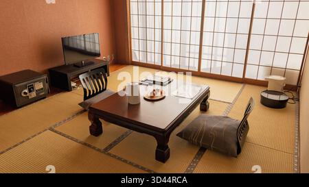 Interno della tradizionale camera giapponese Ryokan in Giappone, dove le persone vivono dormendo in una camera con materassi tatami Foto Stock