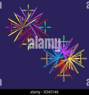 Sequenza di stelle colorate. Forma dinamica dei fuochi d'artificio. Sfondo blu scuro. Illustrazione astratta vettoriale. EPS 10. Illustrazione Vettoriale