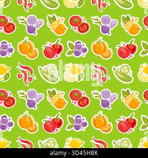 Fantasia senza cuciture di frutta e verdura vibranti, forme audaci, colori giocosi, linee vettoriali pulite, perfetta per sfondi e imballaggi. Illustrazione Vettoriale