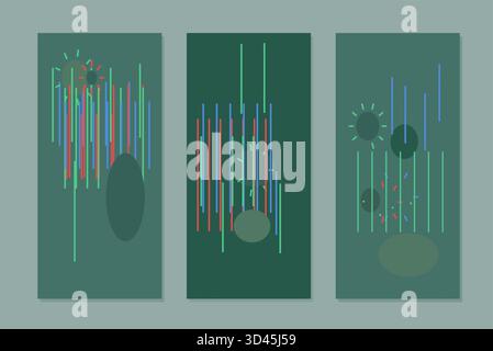 Questo set di tre poster geometrici astratti presenta pannelli verticali con linee ritmiche, forme ellittiche e motivi a raggi solari in verde a. Illustrazione Vettoriale