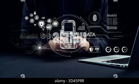 Questa immagine mostra un blocco digitale che simboleggia la protezione dei dati, potenziato dalla grafica di sicurezza informatica, che riflette l'importanza della sicurezza nel moderno Foto Stock