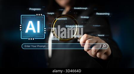 Un concetto di intelligenza artificiale cognitiva che mette in evidenza i suoi processi creativi e strategici. Il sistema utilizza immaginazione, ragionamento e ricerca per generare nuovi Foto Stock