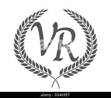 Lettera iniziale V e R, logo VR monogramma con corona in alloro. Emblema di lusso con carattere calligrafico. Illustrazione Vettoriale