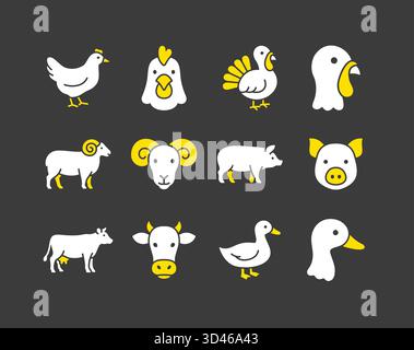 Raccolta di 12 icone del glifo nero animali d’allevamento e pollame, compresi suini, vacche, ovini, tacchini, polli e anatre. Disegno vettoriale piatto minimalista f Illustrazione Vettoriale