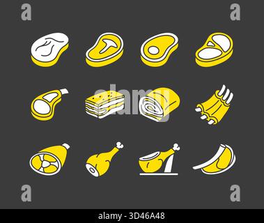Collezione di 12 icone di glifo nero diversi tagli di carne, tra cui varie bistecche, arrosto, costolette e gambe. Arte vettoriale minimale piatta per macelleria A. Illustrazione Vettoriale
