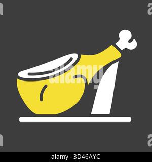 Icona del glifo nero di un'intera gamba di prosciutto stagionata su un piedistallo. Semplice illustrazione vettoriale piatta per cibo spagnolo, tapas bar o prodotti di carne gourmet. Illustrazione Vettoriale