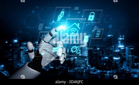 Un assistente ai gestisce una casa intelligente, fornendo automazione intelligente. Questo sistema centrale apprende le abitudini degli utenti per ottimizzare la sicurezza, il clima e. Foto Stock