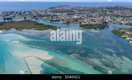 La città di Forster sulla costa settentrionale del nuovo Galles del Sud e le fattorie di ostriche nel lago wallis. Foto Stock