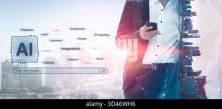 Un concetto di intelligenza artificiale cognitiva che mette in evidenza i suoi processi creativi e strategici. Il sistema utilizza immaginazione, ragionamento e ricerca per generare nuovi Foto Stock