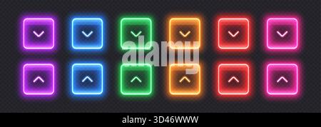 Pulsanti a discesa neon, icone lucide trasparenti realizzate in vetro. Illustrazione Vettoriale