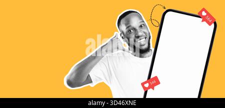 Coinvolgente collage che mostra un giovane con uno smartphone su uno sfondo giallo brillante Foto Stock