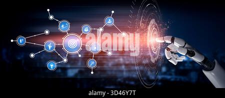 Una mano robotica futuristica interagisce perfettamente con un'interfaccia digitale, rappresentando innovazione e connettività nella tecnologia moderna e nel digitale Foto Stock