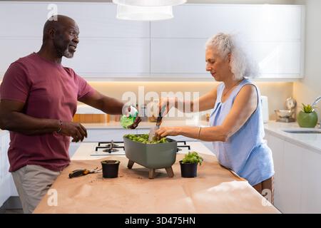 Inglobare diverse coppie di anziani che preparano erbe fresche in una piantatrice verde su Kitchen Island, con terreno Foto Stock