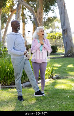 Allungare diversi amici anziani sollevando le gambe e bilanciandosi sull'erba del parco, con routine di fitness Foto Stock