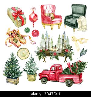 Set di acquerelli natalizi con camion rosso, abeti, regali, sedie, candele, e tavola festiva. Atmosfera accogliente per le vacanze per biglietti d'auguri, poster e arredamento Foto Stock