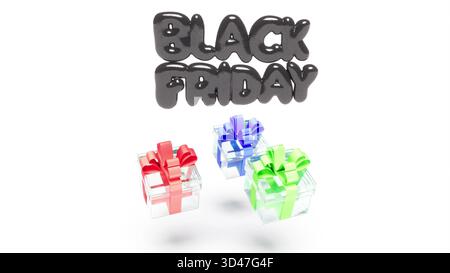 Regali in vetro Black Friday con rendering in 3d bianco bg Foto Stock