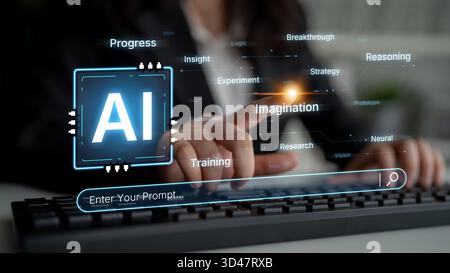 Un concetto di intelligenza artificiale cognitiva che mette in evidenza i suoi processi creativi e strategici. Il sistema utilizza immaginazione, ragionamento e ricerca per generare nuovi Foto Stock