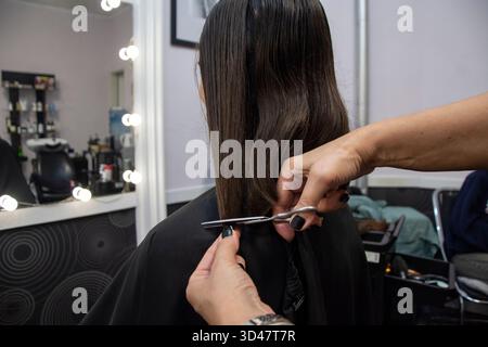 Taglio di capelli lunghi per donare parrucche per pazienti affetti da cancro Foto Stock