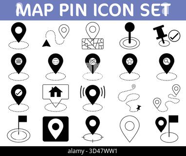 Set di icone del vettore puntatore della mappa e del puntatore della posizione. Simboli GPS, navigazione, geolocalizzazione e tracciamento del percorso per applicazioni, siti Web e grafica di viaggio. Illustrazione Vettoriale