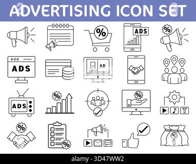 Un set di icone vettoriali per la pubblicità e i concetti di marketing digitale. Include simboli essenziali come il megafono, il carrello della spesa e il cellulare Illustrazione Vettoriale