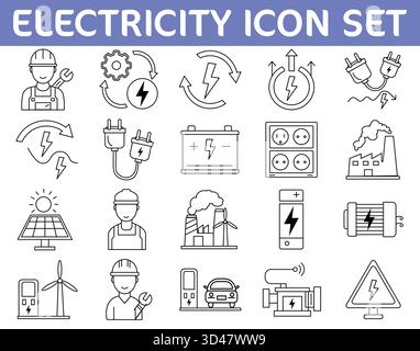 Set di icone Art per linee elettriche ed energetiche. Generazione di energia, fonti rinnovabili, Ingegneria industriale e simboli vettoriali di carica dei veicoli elettrici. Illustrazione Vettoriale