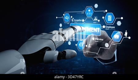 Una mano robotica futuristica interagisce con un touchscreen visualizzando le opzioni di impiego. L'immagine esplora il ruolo della tecnologia nella selezione del lavoro e nella carriera Foto Stock