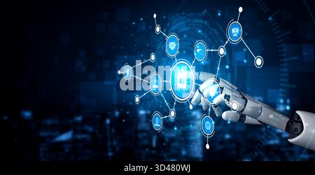 Una mano robotica futuristica interagisce con un'interfaccia di intelligenza artificiale digitale brillante, illustrando la tecnologia innovativa e l'integrazione di sistemi artificiali Foto Stock