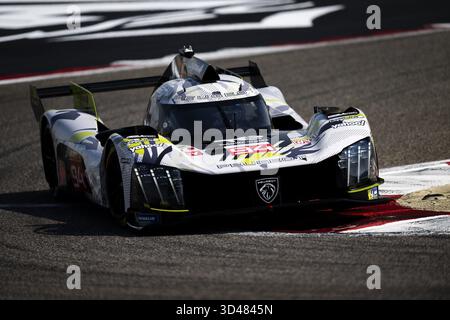 94 CASSIDY Nick (nzl), JAKOBSEN Malthe (dnk), Peugeot TotalEnergies, Peugeot 9X8 #94, Hypercar, azione durante le 8 ore del Bahrain 2025, ottavo round del Campionato Mondiale Endurance 2025 FIA, dal 6 all'8 novembre 2025 sul circuito Internazionale del Bahrain a Sakhir, in Bahrain Foto Stock
