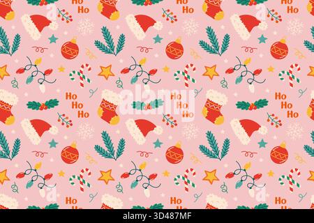 Motivo rosa senza cuciture con elementi natalizi. Cappelli di Babbo Natale, calze, canne di caramelle, rami di pino e ho ho ho. allegro design vettoriale piatto, per carta, sfondi e tessuti da imballaggio per le vacanze Illustrazione Vettoriale