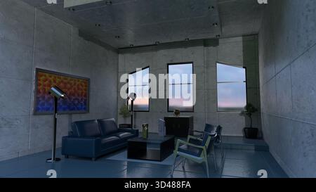 Soggiorno con uno stile ispirato al brutalismo Foto Stock