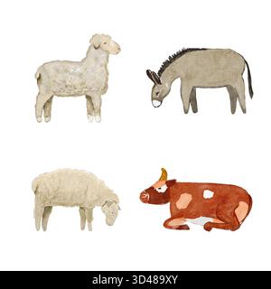 Mucca, asino, due pecore. Gli animali da fattoria acquerelli sono isolati su sfondo bianco. Ideale per presepi natalizi, libri per bambini o a tema fattoria Foto Stock