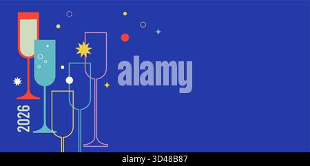Buon anno, poster, banner e card design con cocktail e bevande. Illustrazione vettoriale in grassetto geometrico Illustrazione Vettoriale