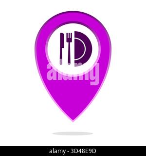 Pin posizione ristorante. Simbolo della mappa viola. Piatto con utensili. Icona cibo vettoriale. Illustrazione Vettoriale