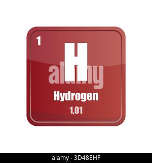 Piastrella dell'elemento chimico a idrogeno. Atomico numero uno. Icona vettore segno H. Forma quadrata rossa cremisi. Illustrazione Vettoriale