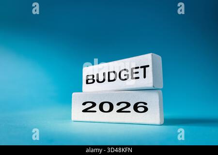 Bilancio 2026. Concetto di business. Analisi finanziaria del nuovo anno. Calcolo del budget. Pianificazione delle spese e degli investimenti. Testo su un elemento in legno. Essere Foto Stock