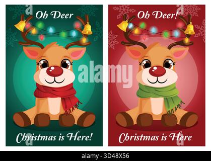 Graziosi modelli di saluto natalizio con Oh Deer! Natale è qui testo. Renne con sciarpa, campane Jingle e luci festive si sono aggrovigliate a Antlers Illustrazione Vettoriale
