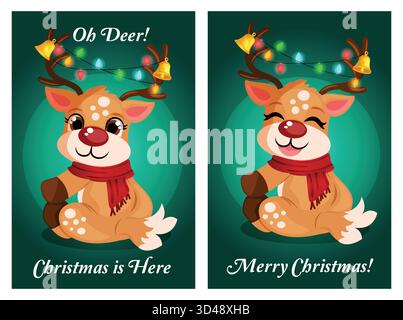 Oh Deer! Natale è arrivato e auguri di auguri natalizi con simpatiche illustrazioni di renne dal naso rosso Illustrazione Vettoriale