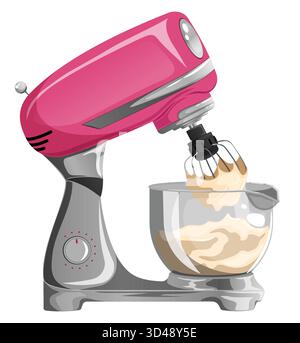 Mixer a piedistallo rosa con pastella montata nel recipiente di vetro - illustrazione della cottura e degli elettrodomestici da cucina Illustrazione Vettoriale