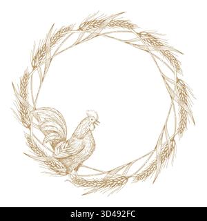 Corona di erbacce e gallo. Illustrazione realizzata a mano in stile inchiostro vettoriale. Per il design dell'imballaggio, le schede, la copertina, le stampe, le etichette dei prodotti e il tessuto. Illustrazione Vettoriale