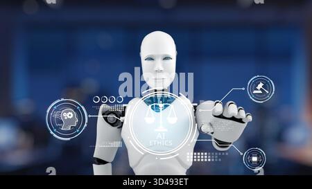Rappresentazione concettuale dell'etica dell'intelligenza artificiale con un robot umanoide e un'interfaccia digitale futuristica che mostra equilibrio e tecnologia Foto Stock