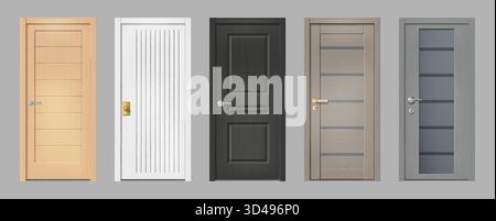 Porta realistica in legno. Struttura in legno del telaio del front Office. Moderno ingresso di lusso in bianco e nero. Elegante facciata della casa. Porta con pomello. Ingresso dell'appartamento. Set di elementi dell'architettura realistica vettoriale Illustrazione Vettoriale
