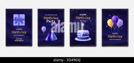 Buon compleanno. Design della tessera anniversario, torta 3d di lusso su poster premium, regalo e palloncini. Rendering di elementi isolati dei cartoni animati, sfondo dorato dei coriandoli. Serie di illustrazioni vettoriali Illustrazione Vettoriale
